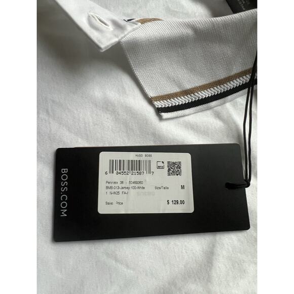 BOSS PENROSE 38 STRIPED COLLAR SLIM FIT POLO SHIRT Whit, Size M, NEW - Picture 3 of 10